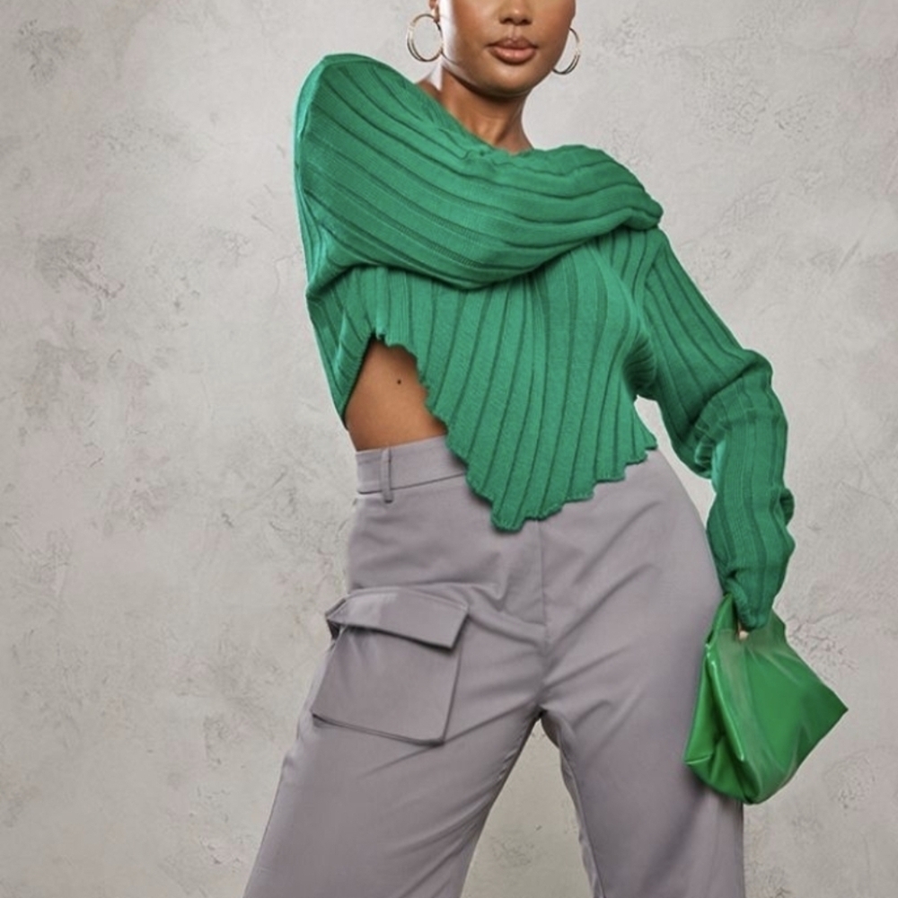 NWT PrettyLittleThing Plus Green Chunky Knit Crop Sweater